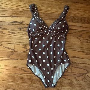 Vintage Boden 1-pc swimsuit. Size 6US. Brown/white polka dots.